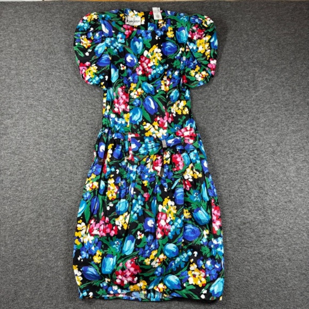 Vintage 80s Colorful Floral Cocktail Dress Size 6 Rhinestone Bow Puff Sleeve - Picture 1 of 13